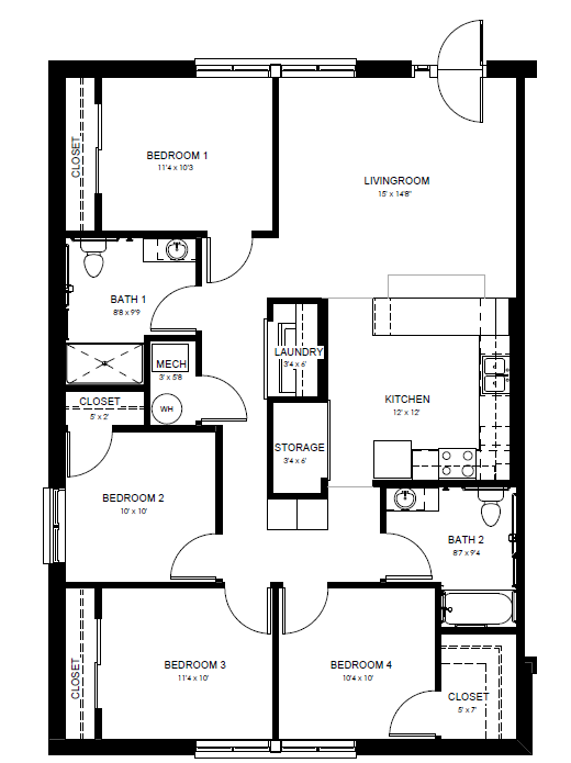 Floor plan for 4 beds, 2 baths, 1312 sqft